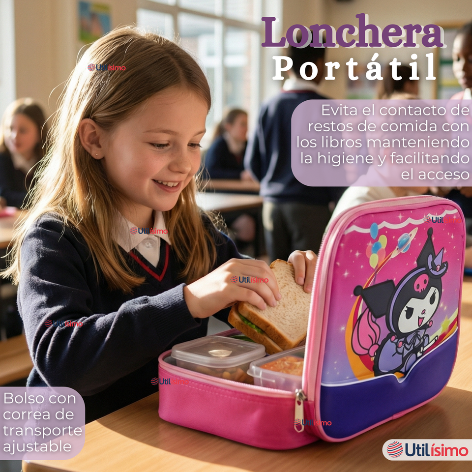 Mochila Escolar Kuromi 3D Con Ruedas Desmontable + Estuche + Lonchera Poliéster Rosa Niña