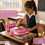Mochila Escolar + Estuche + Lonchera 43cm Tela Oxford Rosa Corazones Niña