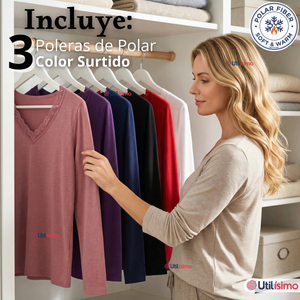 Pack 3 Camisetas Poleras Polar Cuello V Manga Larga Con Encaje Colores Surtidos Mujer