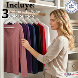 Pack 3 Camisetas Poleras Polar Cuello V Manga Larga Con Encaje Colores Surtidos Mujer