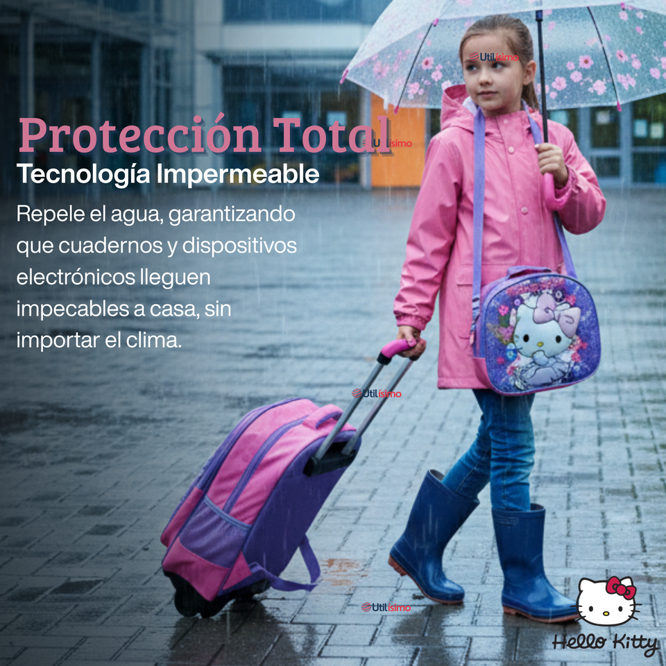 Mochila Escolar Hello Kitty Con Ruedas Desmontables + Estuche + Lonchera Niña Poliéster