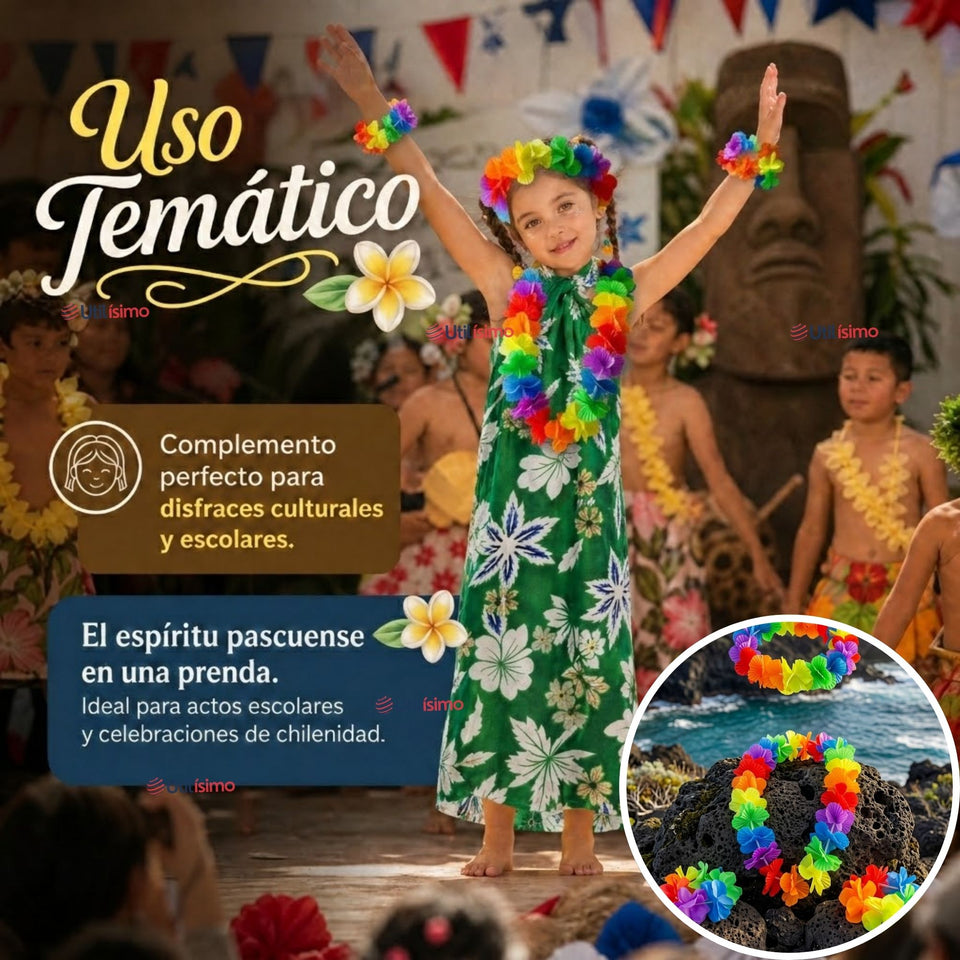 Traje Páscuense Pareo Hawaiano Verde Niña Con Accesorios