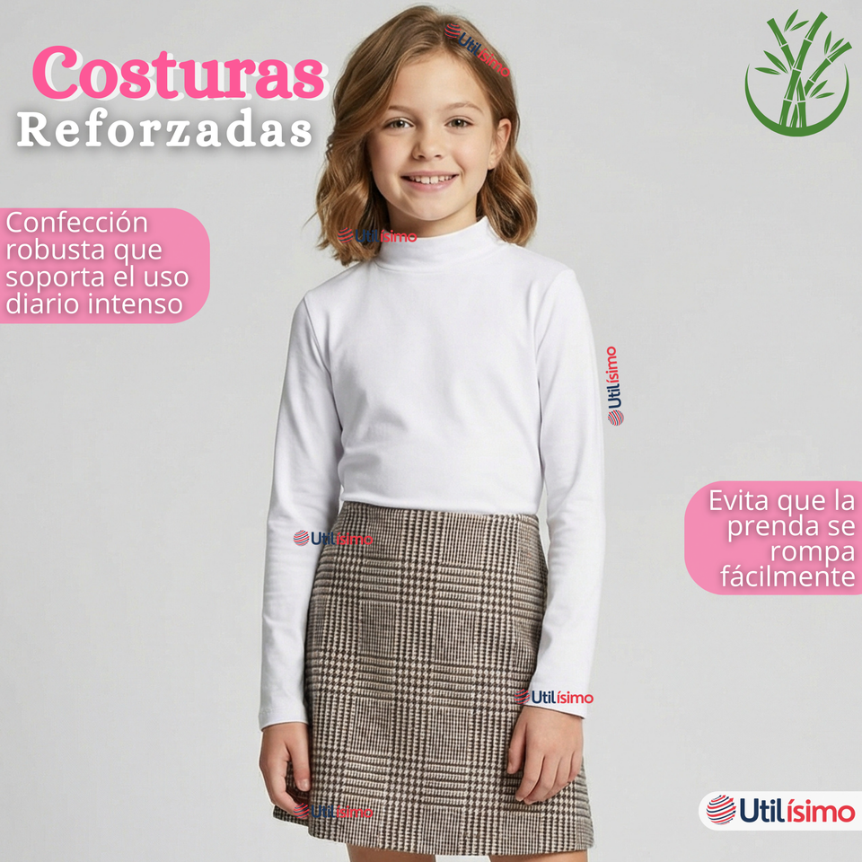 Pack 3 Poleras Camisetas Bambú Blancas Cuello Beatle Primera Capa Manga Larga Niña