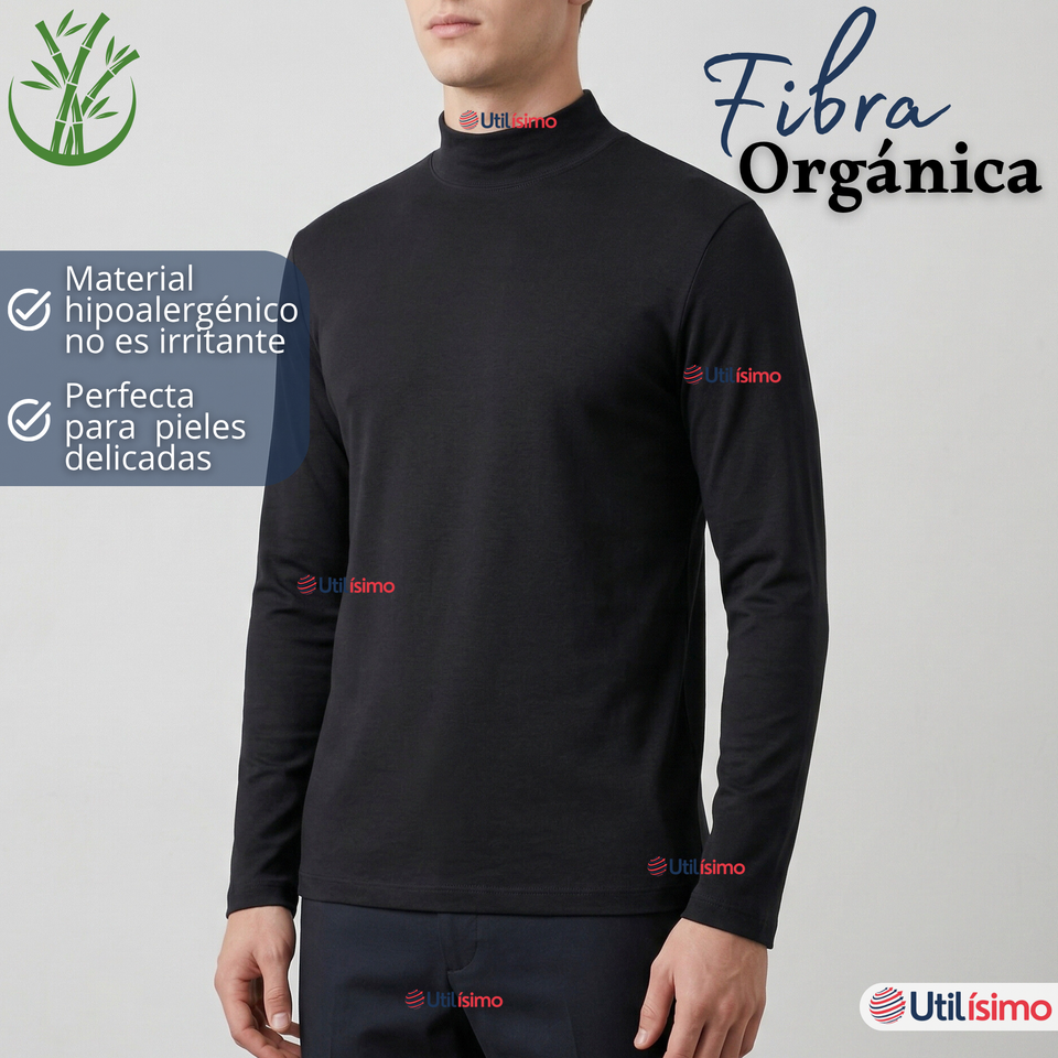 Camiseta Polera Bambú Primera Capa Cuello Beatle Manga Larga Negro Hombre