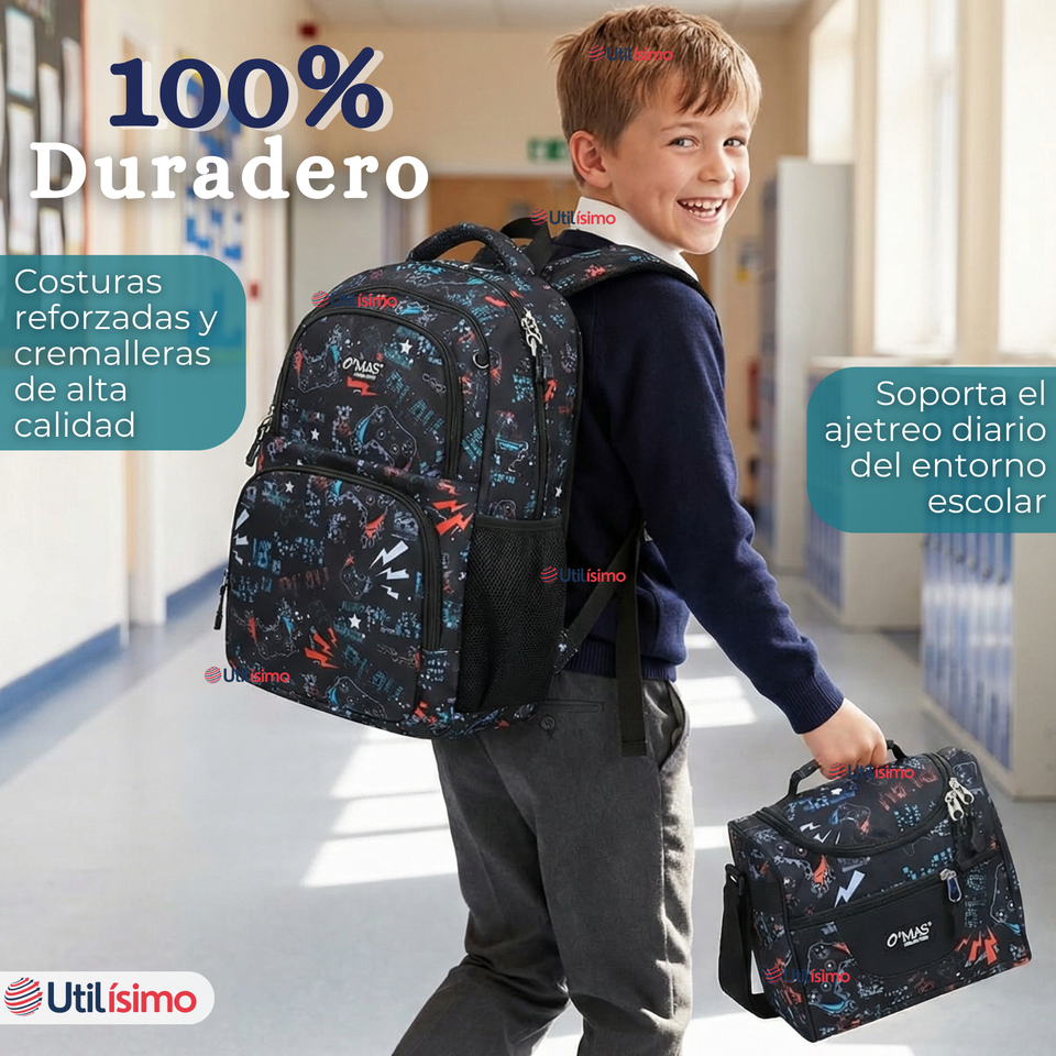 Mochila Escolar + Estuche + Lonchera 45cm Tela Oxford Estampado Gamer Niño