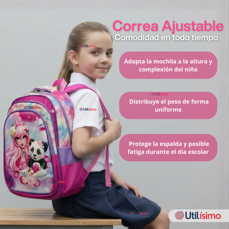 Mochila Bolso Escolar Diseño 3D + Estuche + Lonchera 40Cm Niña Tela Oxford Friends Forever