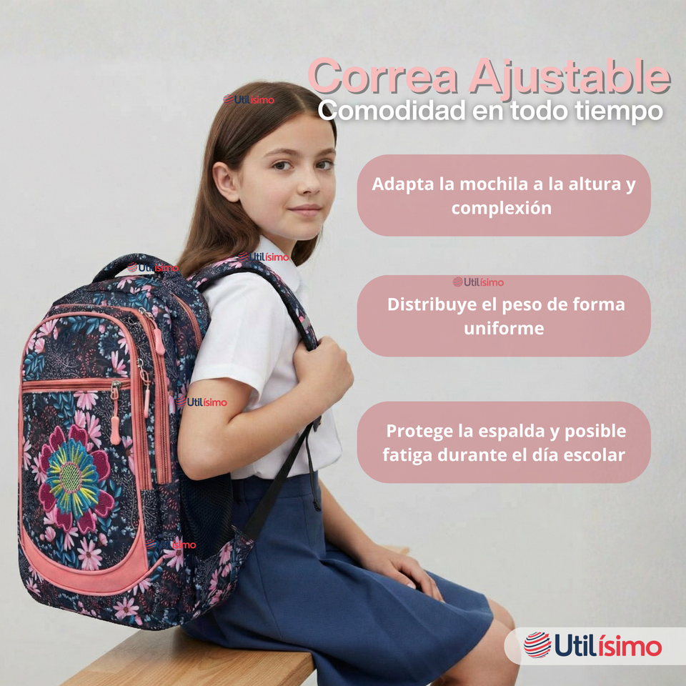 Mochila Bolso Escolar + Estuche + Lonchera 45Cm Niña Tela Oxford Night Blossom