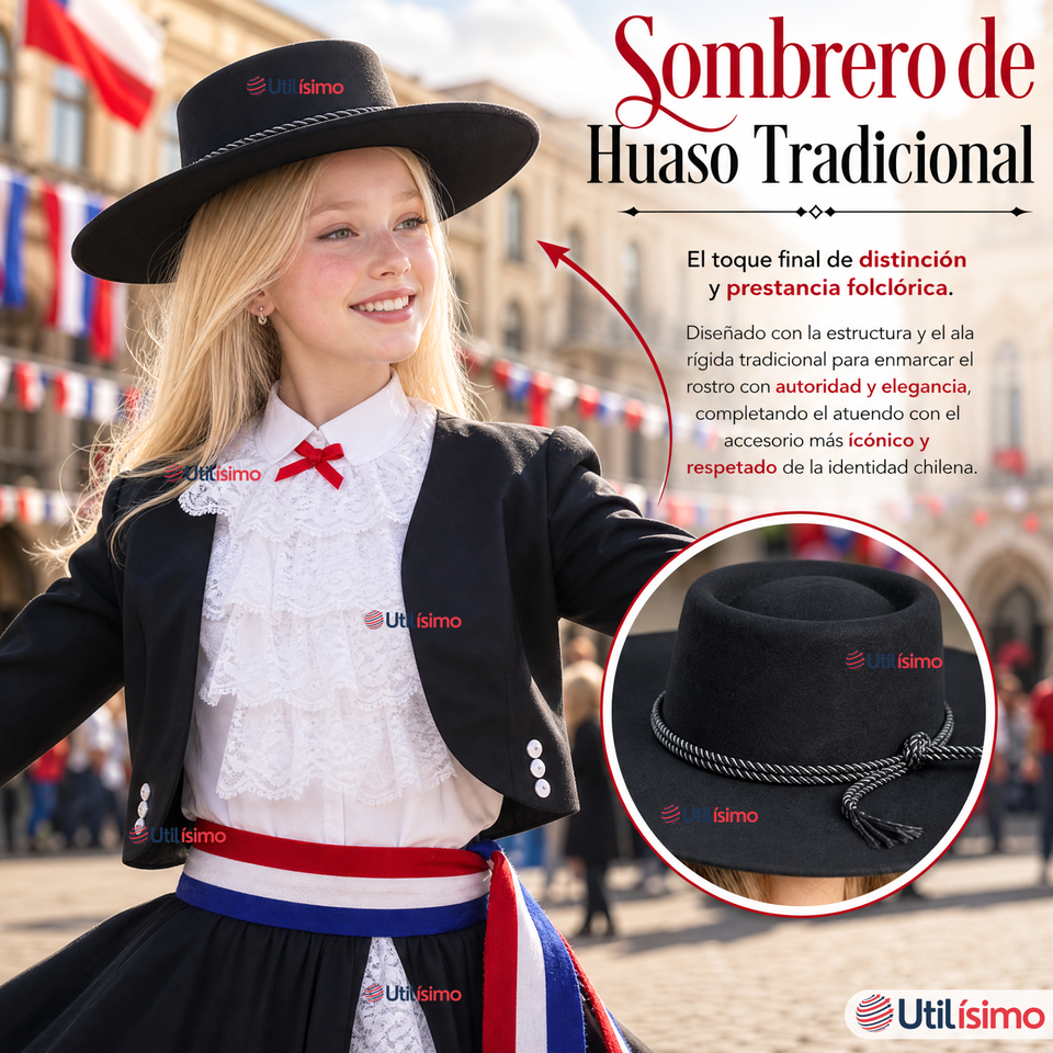 Traje Huasa Elegante Negro Juvenil Conjunto 7 Piezas Tipico Fiestas Patrias