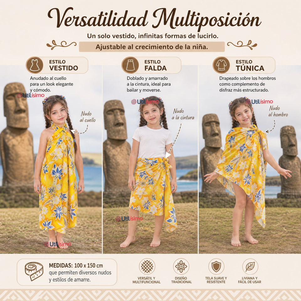 Pareo Pascuense Niña Hawaiano Amarillo Danza Fiestas Patrias