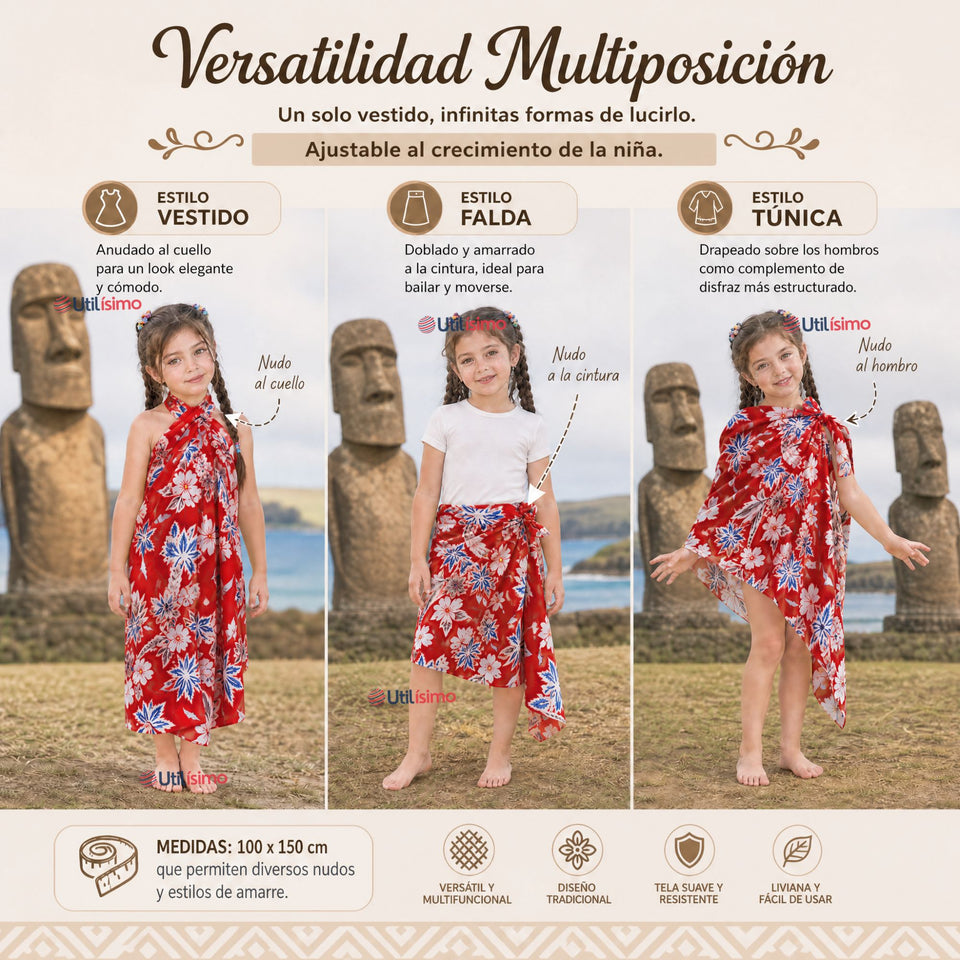Pareo Pascuense Niña Hawaiano Rojo Danza Fiestas Patrias