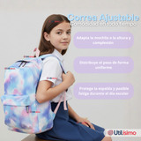 Mochila Bolso Escolar + Estuche + Lonchera 43Cm Niña Tela Oxford Lilac Galaxy