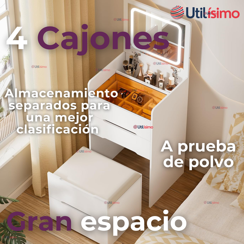 Tocador De Lujo Plegable Con Taburete Y Espejo De luz Ajustable 4 Cajones MDF Blanco  80x40x40cm