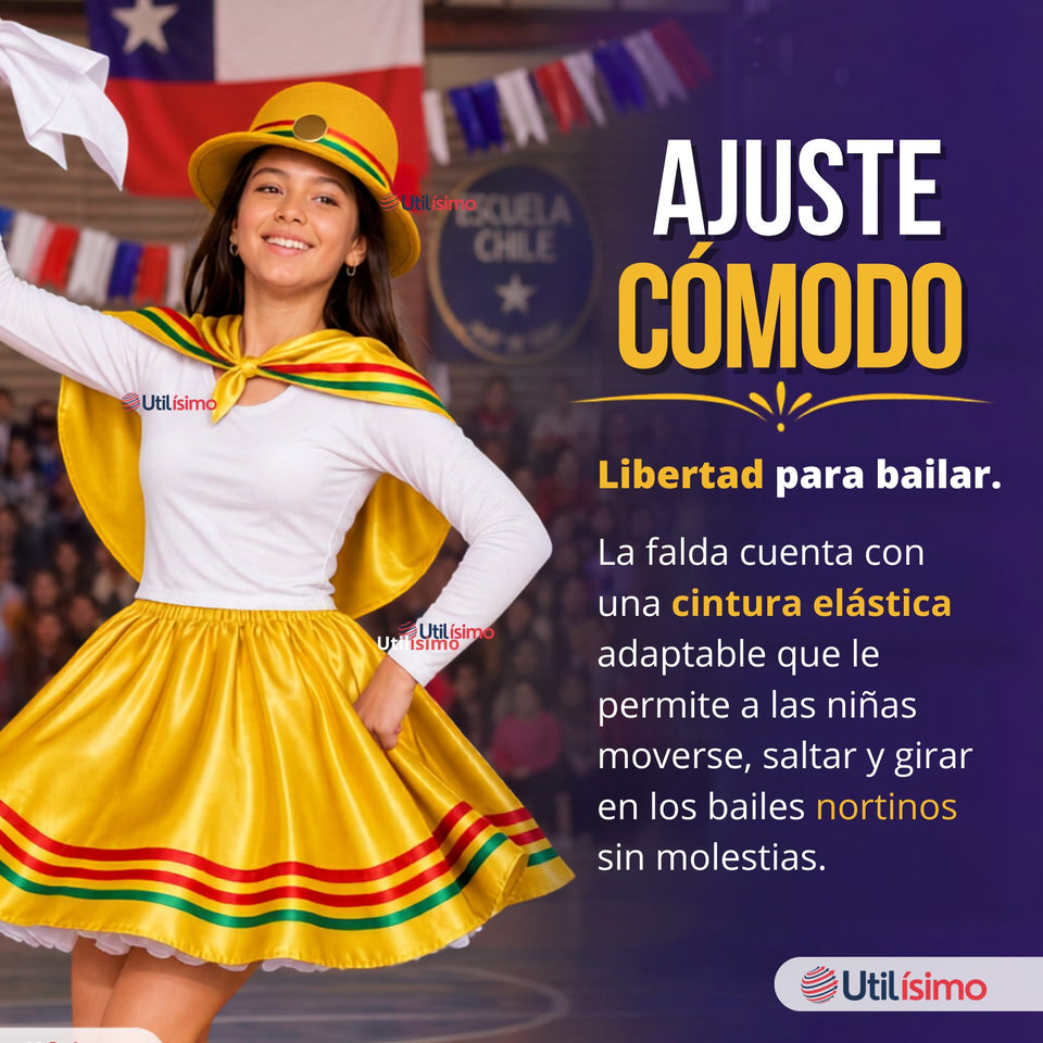 Traje Nortino Juvenil Con Polera 4 Piezas Amarillo Baile Típico Fiestas Patrias