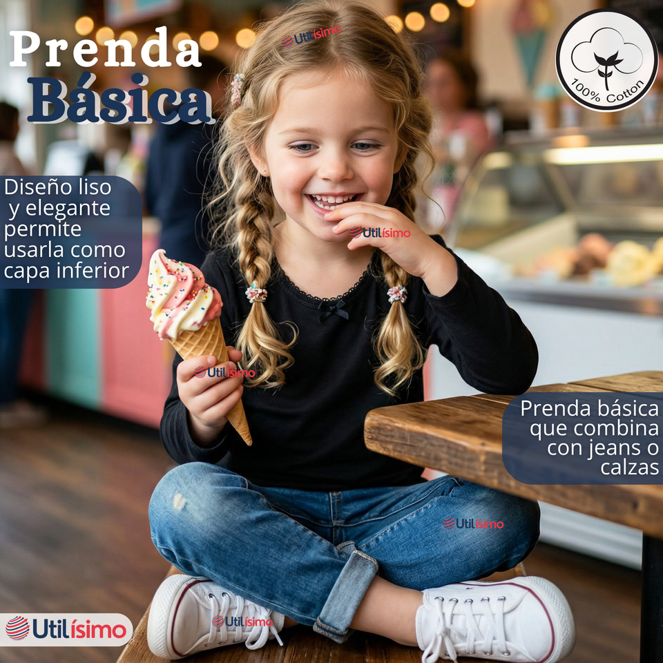 Pack 3 Camisetas Poleras Algodón Cuello Redondo Negra Primera Capa Manga Larga Niña