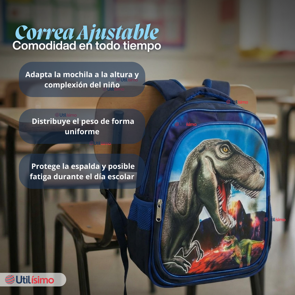 Mochila Escolar Bolso Con Efecto 3D Estuche + Lonchera 40Cm Tela Oxford Niño Dinosaur