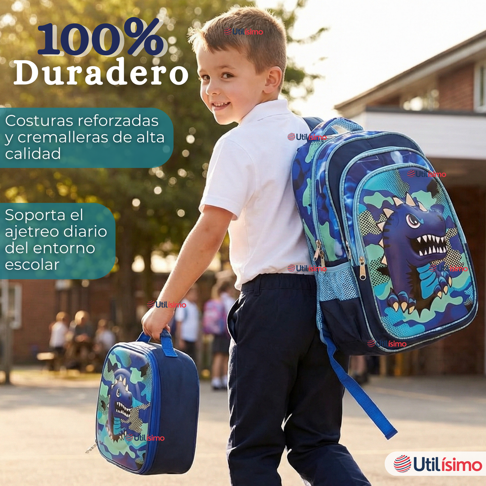 Mochila Escolar + Estuche + Lonchera 40cm Tela Oxford Azul Dinosaurio 3D Niño