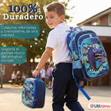Mochila Escolar + Estuche + Lonchera 40cm Tela Oxford Azul Dinosaurio 3D Niño