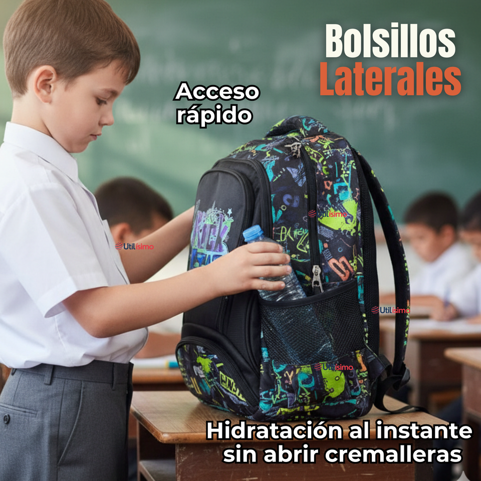 Mochila Escolar Kit Con Estuche y Lonchera 43cm Tela Oxford Rock Star Niño