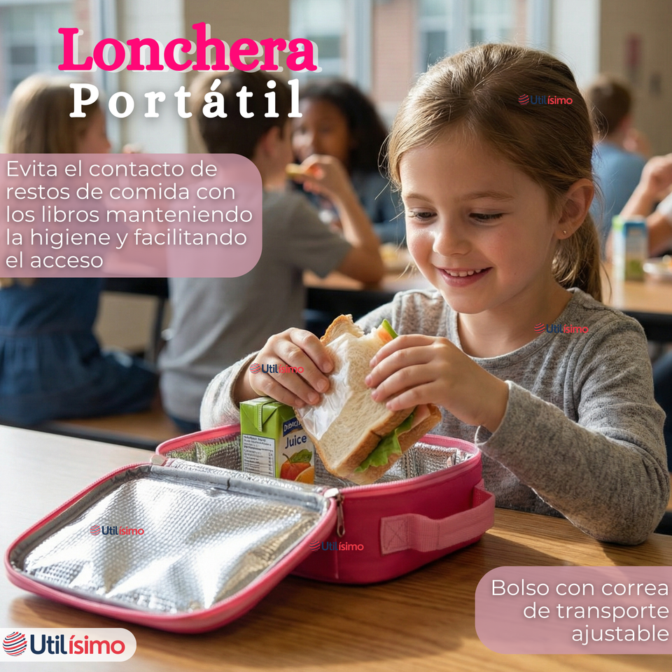 Mochila Escolar Con Ruedas + Estuche + Lonchera 46cm Desmontable Poliéster Rosa Dinosaurio Niña
