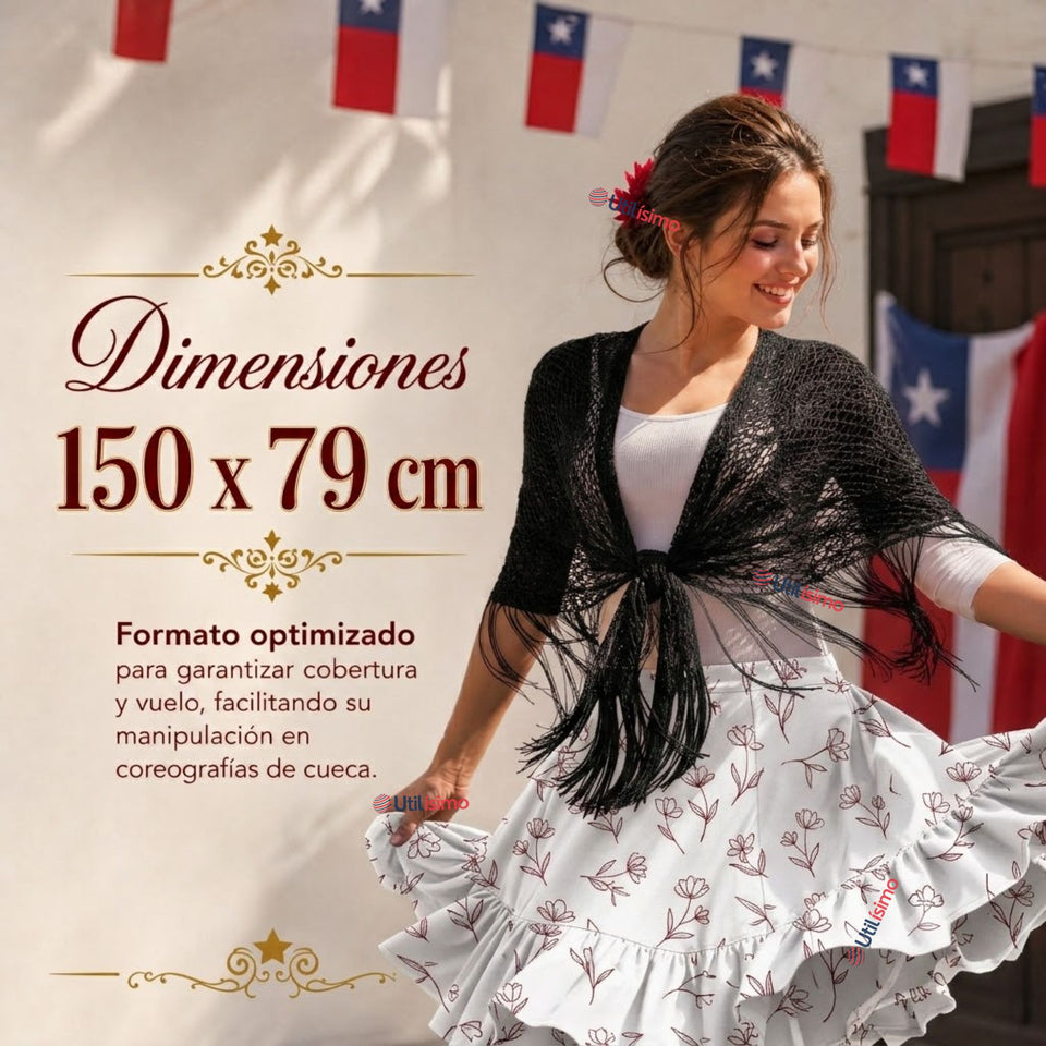 Pack 3 Puntillas Chal Negro Baile Chilote Mujer Traje Típico 150x79 cm
