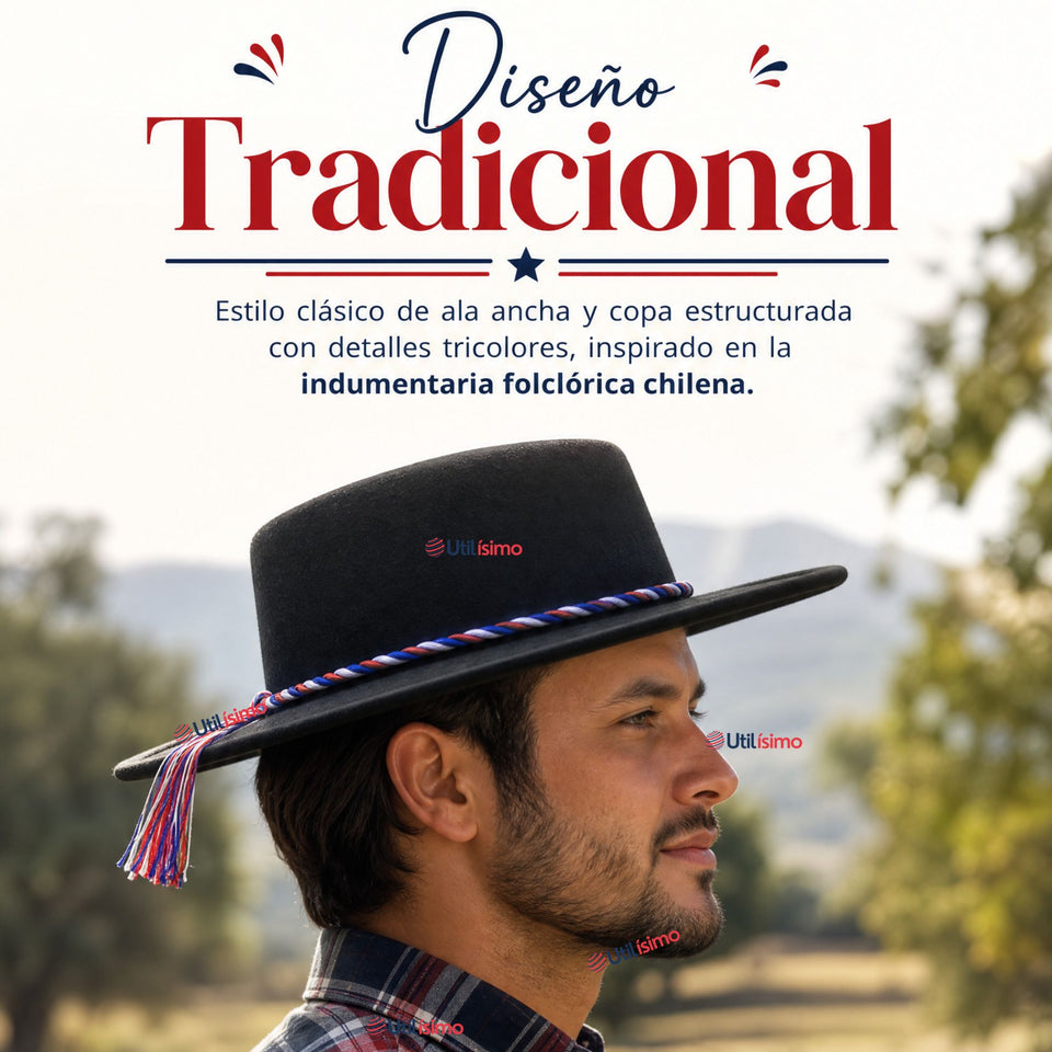 Sombrero Huaso Negro Tradicional Bandera Chile Fiestas Patrias