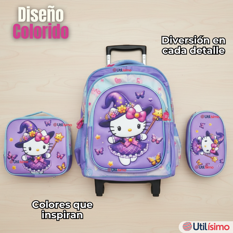 Mochila Hello Kitty Escolar Con Ruedas + Estuche + Lonchera Desmontable Poliéster Lila Niña