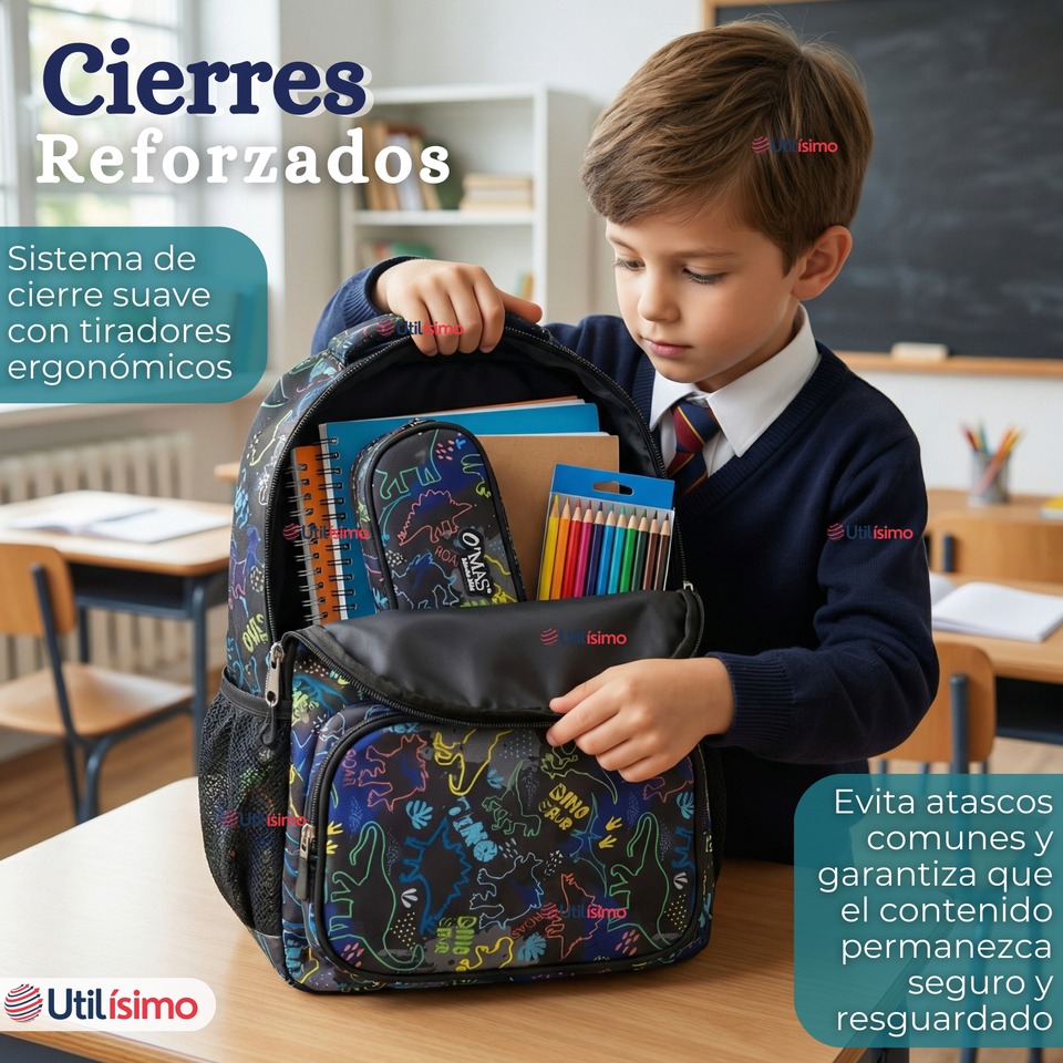Mochila Escolar + Estuche + Lonchera 45cm Tela Oxford Estampado de Dinosaurio Niño