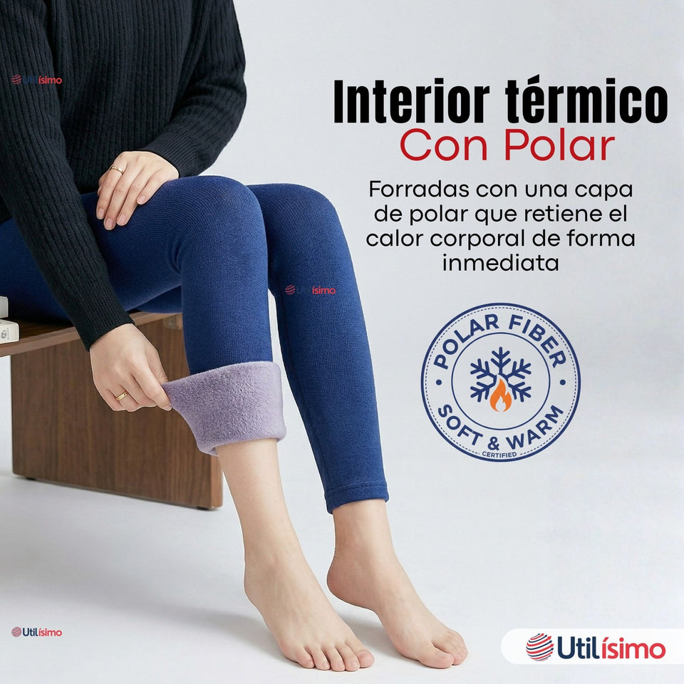 Calza Lola Polar Térmica Sin Costura Tiro Alto Elasticada Azul Marino