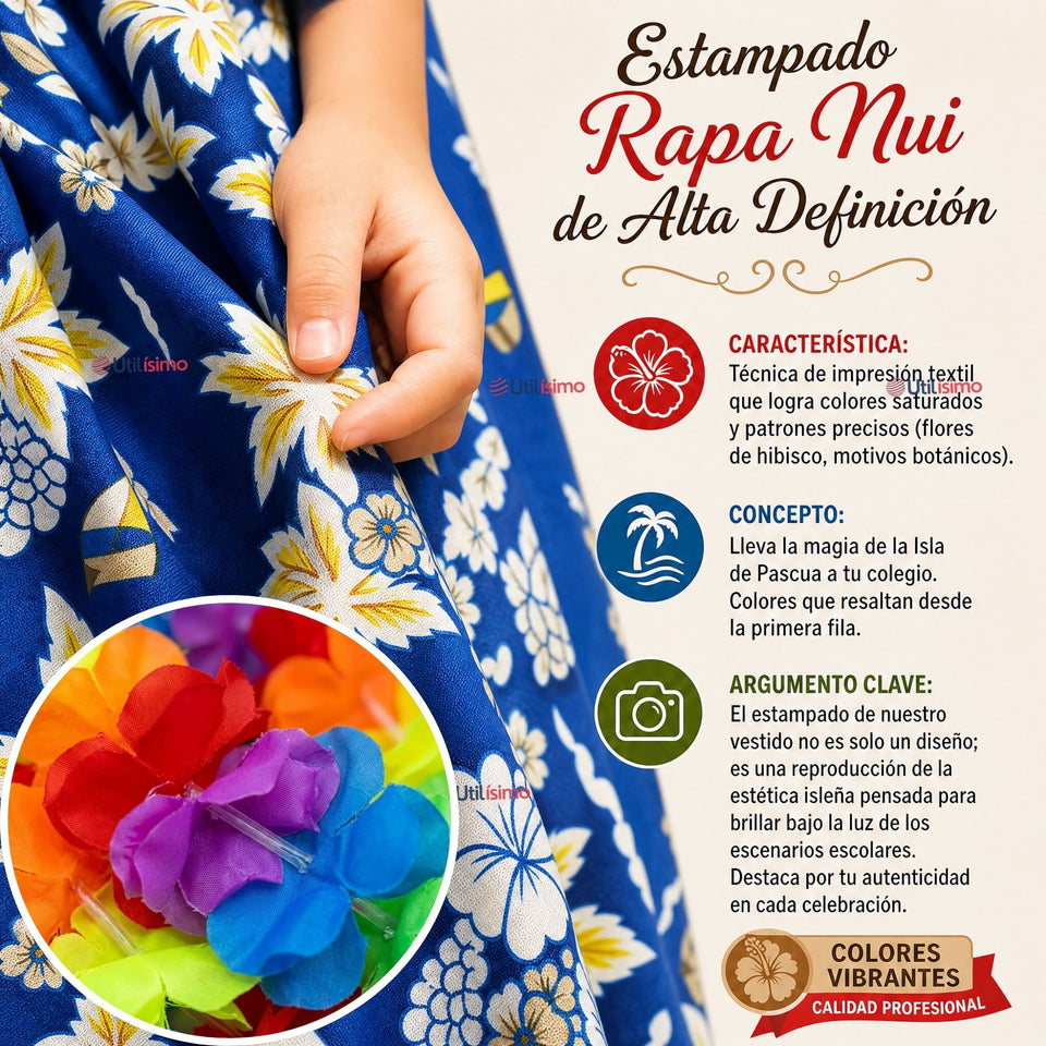 Pack 3 Trajes Páscuense Pareo Hawaiano Azul Niña Con Accesorios