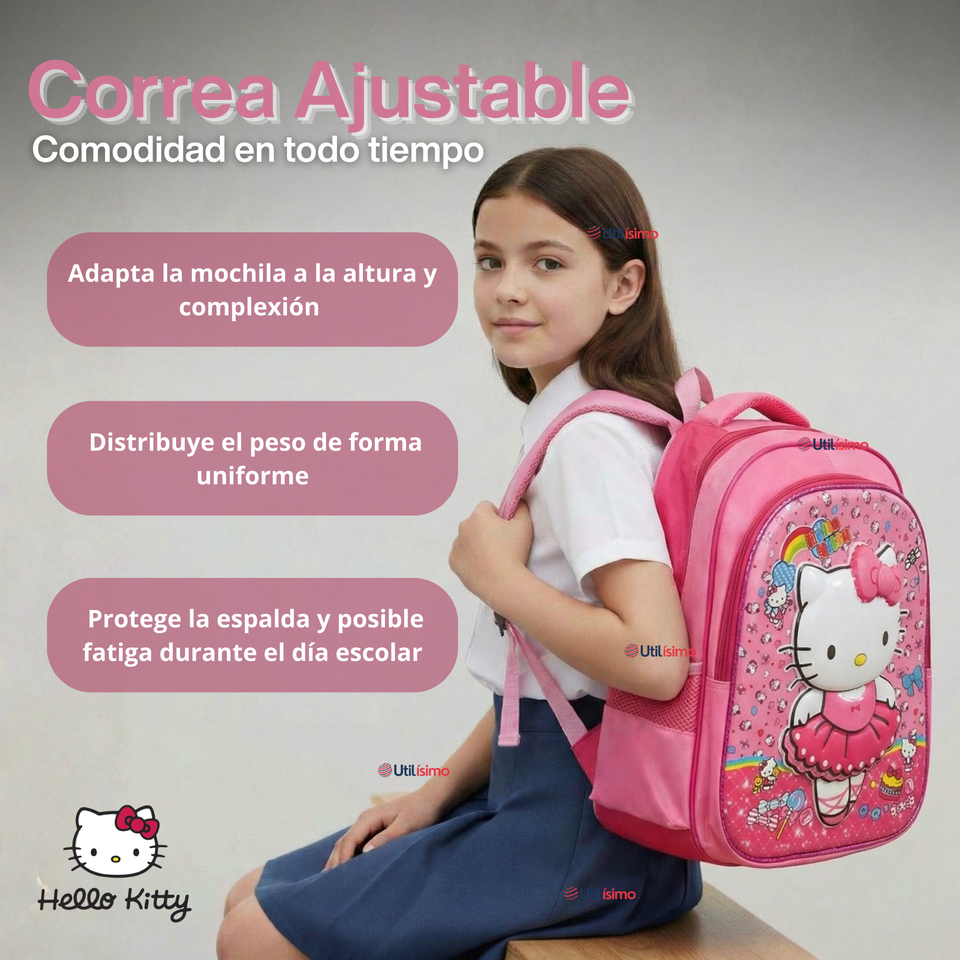 Mochila Escolar Hello Kitty Bailarina Con Ruedas Desmontables + Estuche + Lonchera Niña Poliéster