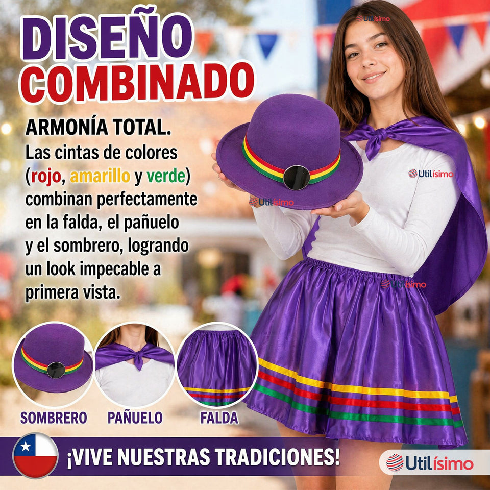 Traje Nortino Juvenil Con Polera 4 Piezas Morado Baile Típico Fiestas Patrias