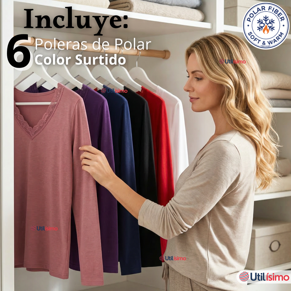 Pack 6 Camisetas Poleras Polar Cuello V Manga Larga Con Encaje Colores Surtidos Mujer