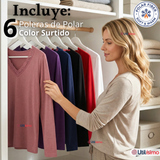 Pack 6 Camisetas Poleras Polar Cuello V Manga Larga Con Encaje Colores Surtidos Mujer