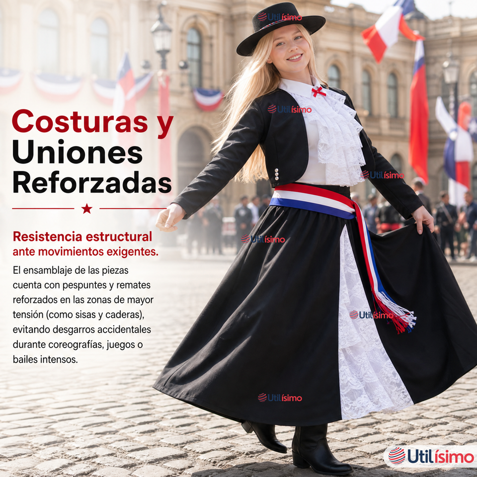 Traje Huasa Elegante Negro Juvenil Conjunto 7 Piezas Tipico Fiestas Patrias