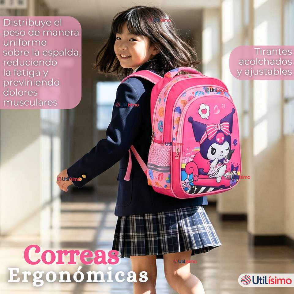 Mochila Escolar Kuromi 3D Con Ruedas Desmontable + Estuche + Lonchera Poliéster Rosa Niña