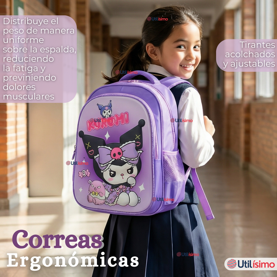 Mochila Escolar Kuromi 3D Con Ruedas Desmontable + Estuche + Lonchera Poliéster Morado Niña