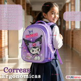 Mochila Escolar Kuromi 3D Con Ruedas Desmontable + Estuche + Lonchera Poliéster Morado Niña