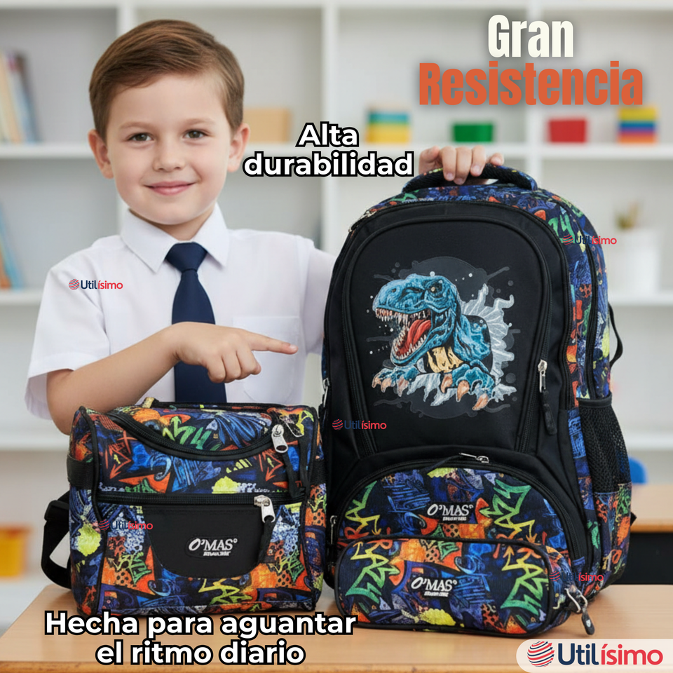 Mochila Escolar Kit Con Estuche y Lonchera 43cm Tela Oxford Dino Niño