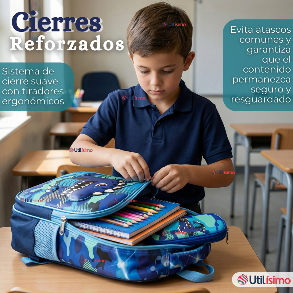 Mochila Escolar + Estuche + Lonchera 40cm Tela Oxford Azul Dinosaurio 3D Niño