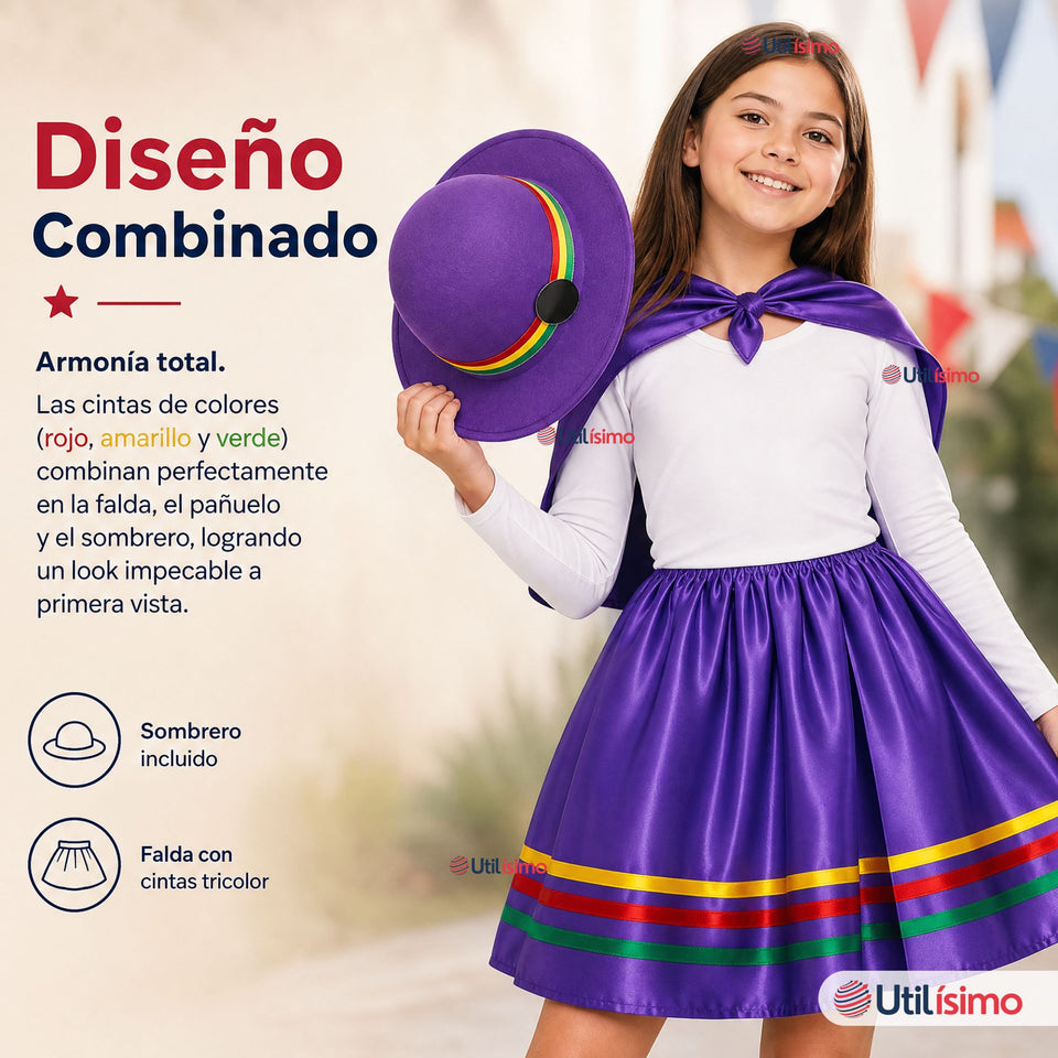 Pack 3 Trajes Nortinos Niña Morado 4 Piezas Con Poleras Baile Típico Fiestas Patrias