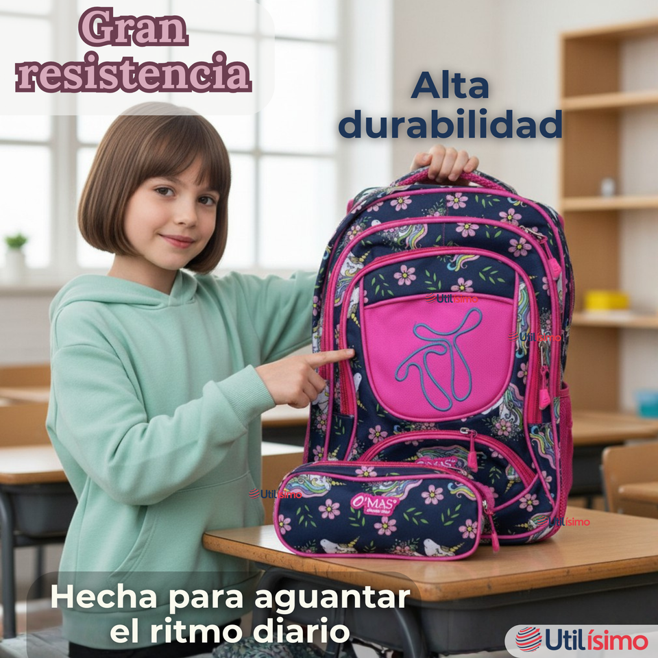 Mochila Escolar Con Estuche 43cm Tela Oxford Impermeable Niña