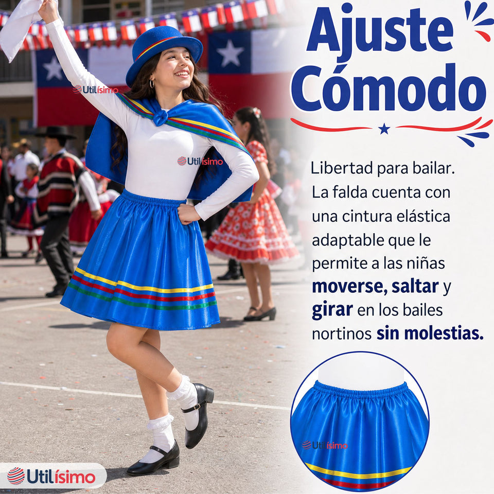 Pack 3 Trajes Nortinos Con Sombreros Niña Baile Típico 3 Piezas Fiestas Patrias Blue Beauty