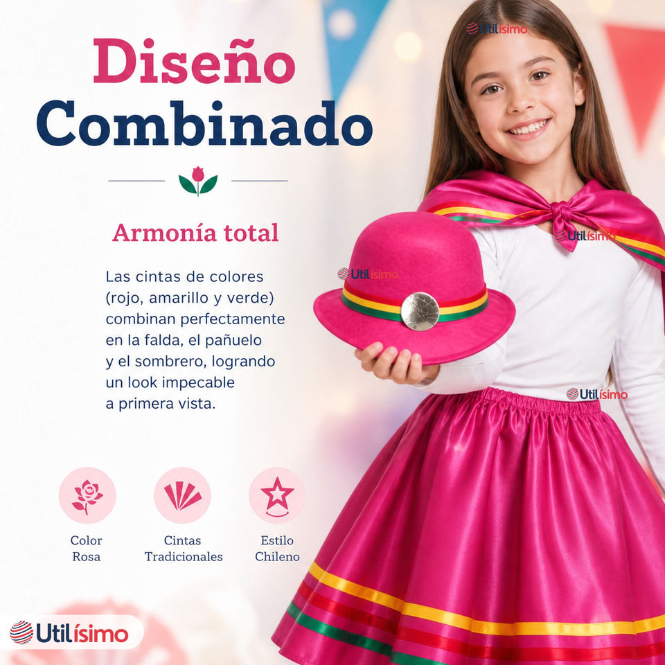 Traje Nortino Niña Fucsia 4 Piezas Con Polera Baile Típico Fiestas Patrias