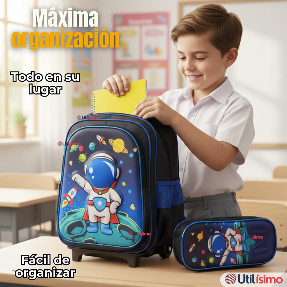 Mochila Escolar Con Ruedas + Estuche + Lonchera Poliéster Astronauta Niño