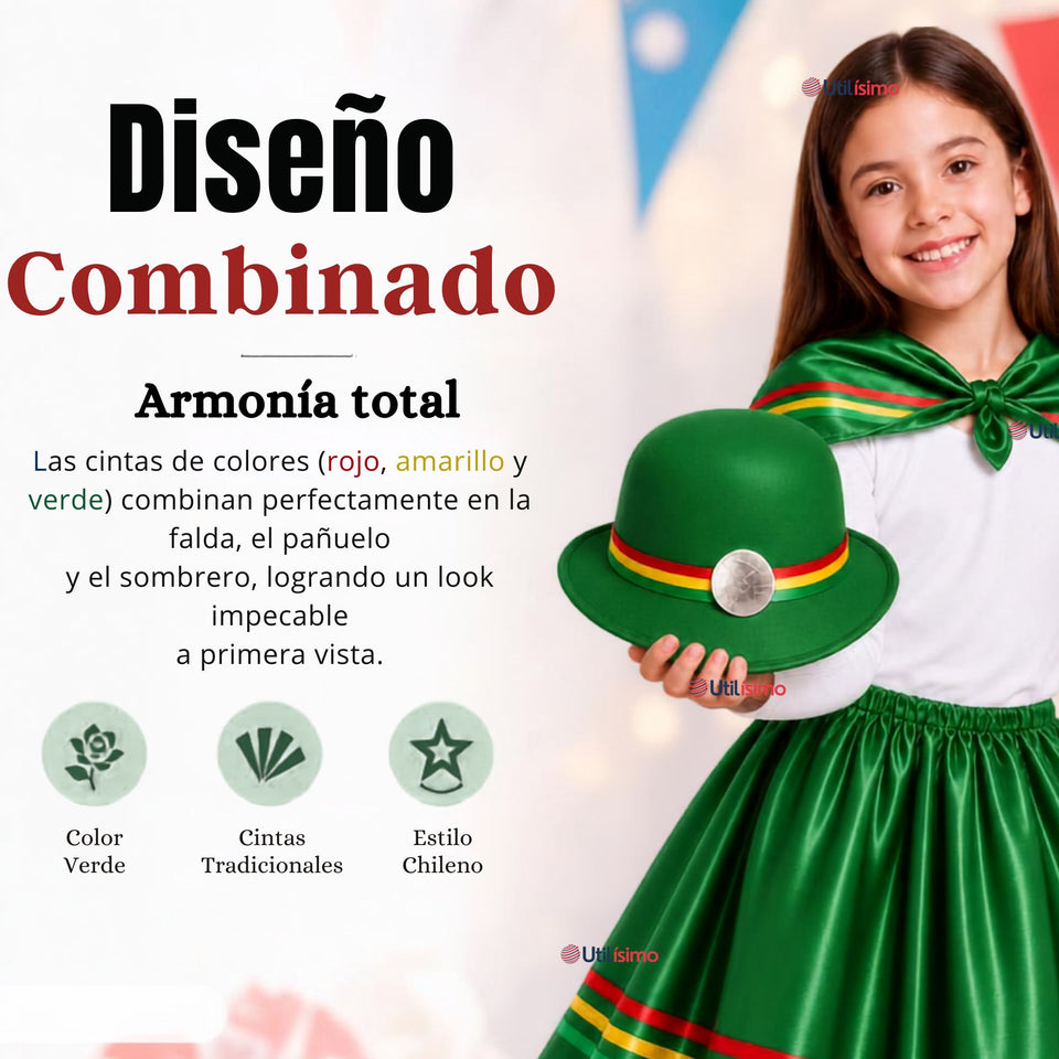 Traje Nortino Niña Verde 4 Piezas Con Polera Baile Típico Fiestas Patrias