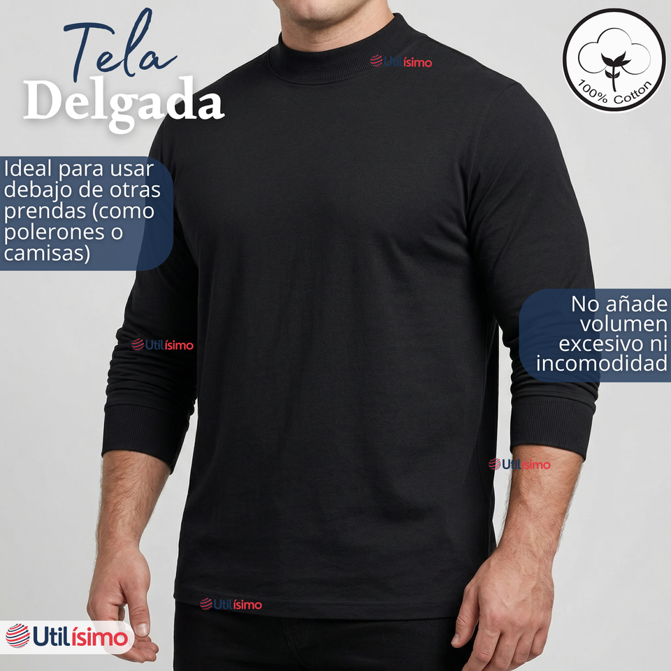 Camiseta Polera Algodón Primera Capa Cuello Beatle Manga Larga Colores Surtidos Hombre
