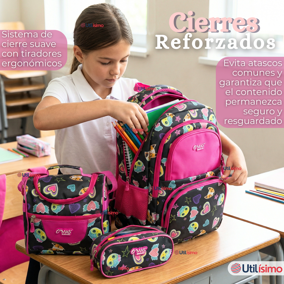 Mochila Escolar + Estuche + Lonchera 43cm Tela Oxford Negro Corazones Niña