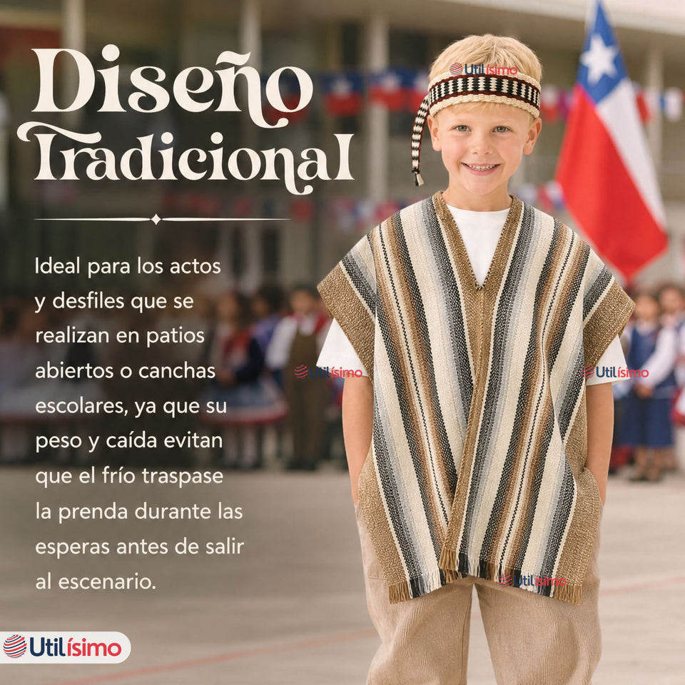 Poncho Manta Mapuche Con Trarilonco Niño Fiestas Patrias