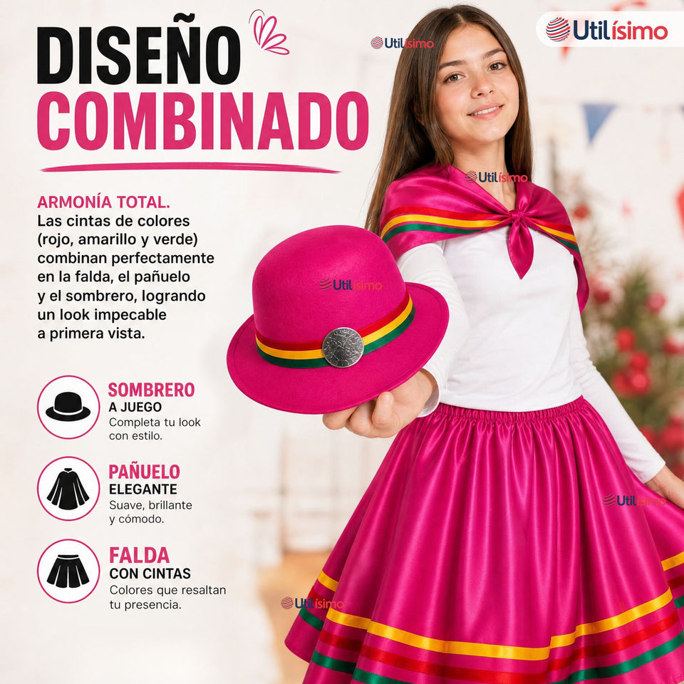 Pack 3 Trajes Nortinos Juveniles Con Poleras 4 Piezas Fucsia Baile Típico Fiestas Patrias