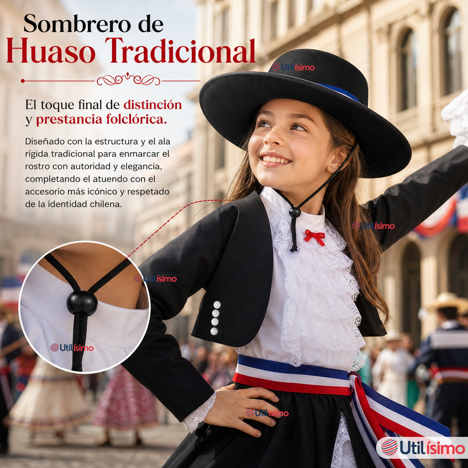 Traje Huasa Elegante NIña Conjunto 7 Piezas Tipico Fiestas Patrias